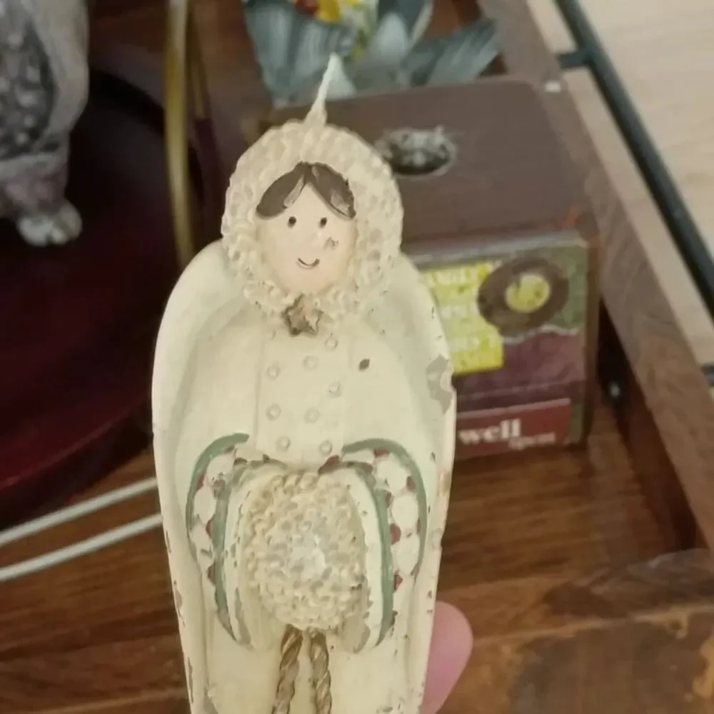 Vintage Carved Winter Angel Candle on Wooden Candlestick Holder Decoration